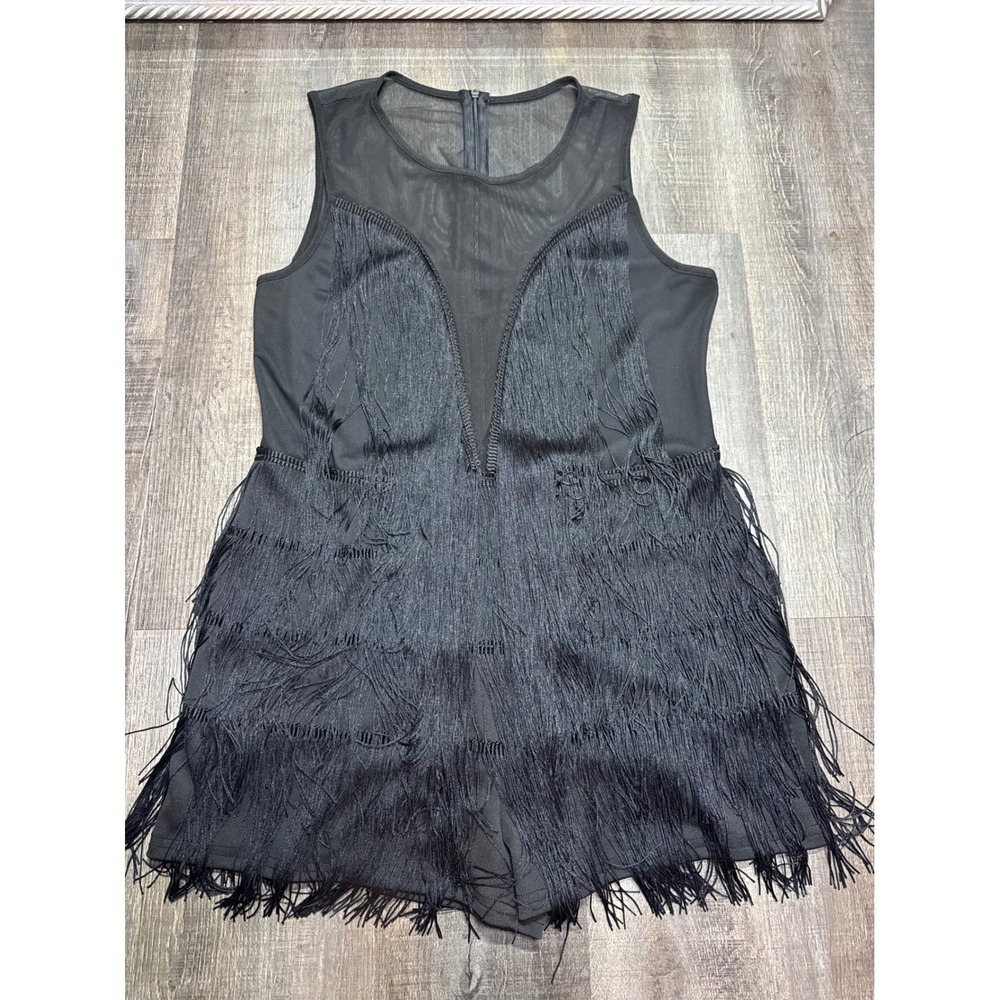 Black Mesh Fringe Sleeveless Romper XL Sheer Festival Party One Piece